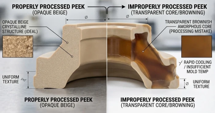 Sectioned PEEK seals showing proper opaque beige crystallinity versus improper transparent brownish core from processing mistakes Sectioned PEEK seals showing proper opaque beige crystallinity versus improper transparent brownish core from processing mistakes