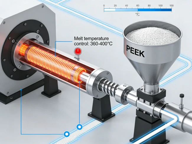 High performance polymer extrusion process showing precise melt temperature control between 360-400°C for PEEK materials High performance polymer extrusion process showing precise melt temperature control between 360-400°C for PEEK materials