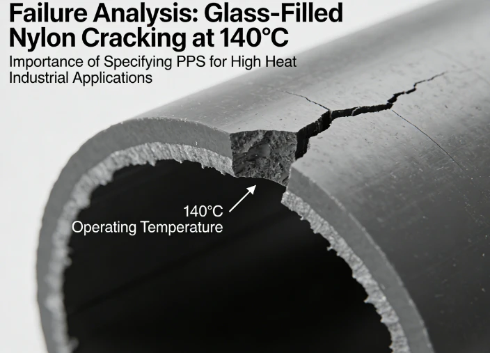 Failed glass-filled nylon component cracked from 140°C operating temperatures, demonstrating the importance of specifying PPS for high heat industrial applications Failed glass-filled nylon component cracked from 140°C operating temperatures, demonstrating the importance of specifying PPS for high heat industrial applications